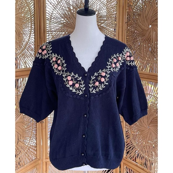 Vintage Maggie Lawrence Collection Navy Knit Pink Embroidered Flowers Sweater - Picture 1 of 6